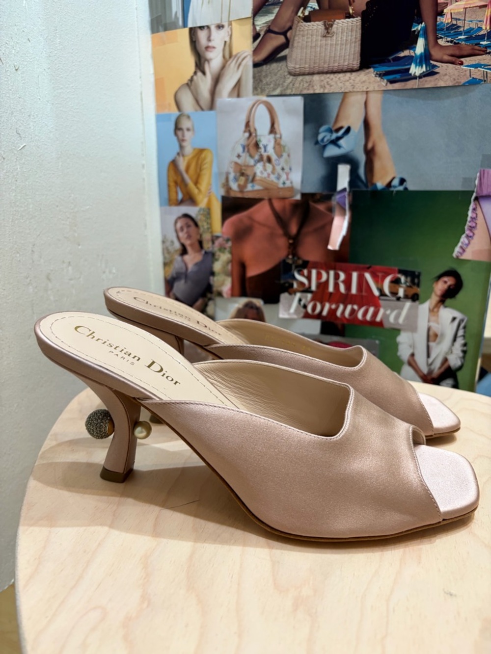 Dior Satin Open-Toe Mules in Blush Pink with Sculpted Heel
